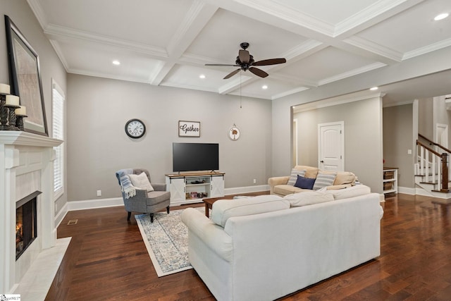 203 Piper Glen Ln, Inman, SC 29349 - living area with a premium fireplace, ceiling fan, recessed lighting, coffered ceiling, and wood finished floors