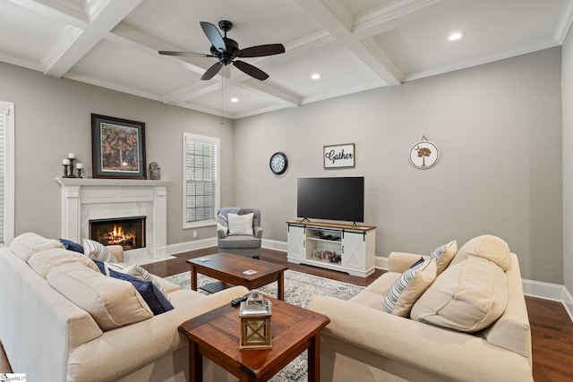 203 Piper Glen Ln, Inman, SC 29349 - living room with coffered ceiling, dark wood-style floors, beam ceiling, ceiling fan, and recessed lighting