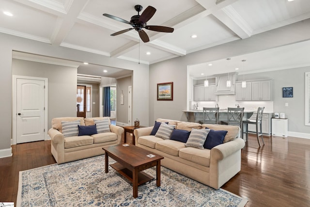 203 Piper Glen Ln, Inman, SC 29349 - living area featuring ceiling fan, coffered ceiling, dark wood-type flooring, ornamental molding, and beam ceiling