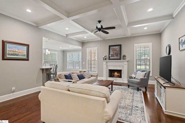 203 Piper Glen Ln, Inman, SC 29349 - living area with plenty of natural light, dark wood-type flooring, a premium fireplace, beamed ceiling, and a ceiling fan