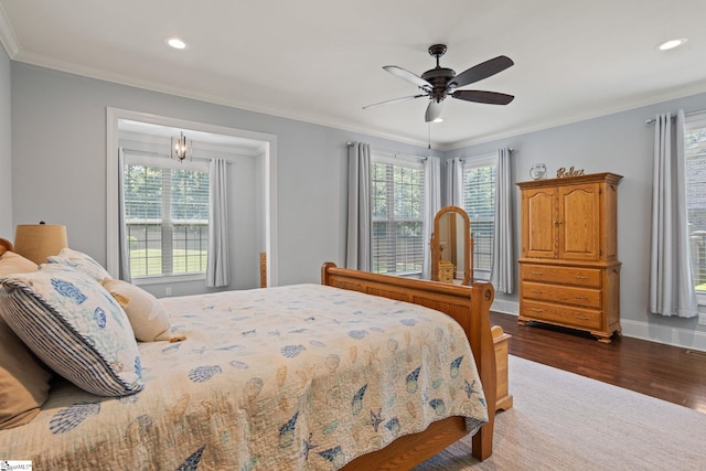203 Piper Glen Ln, Inman, SC 29349 - bedroom with multiple windows, dark wood-style flooring, recessed lighting, crown molding, and ceiling fan
