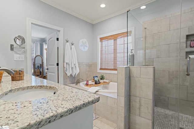 203 Piper Glen Ln, Inman, SC 29349 - bathroom featuring vanity, a bath, a stall shower, crown molding, and recessed lighting