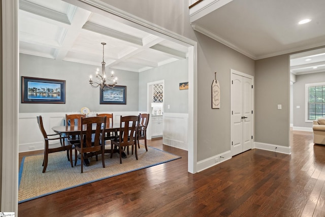 203 Piper Glen Ln, Inman, SC 29349 - dining space featuring dark wood-style flooring, a chandelier, beamed ceiling, coffered ceiling, and crown molding