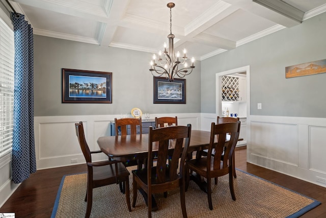 203 Piper Glen Ln, Inman, SC 29349 - dining room with coffered ceiling, wood finished floors, a decorative wall, a chandelier, and beam ceiling