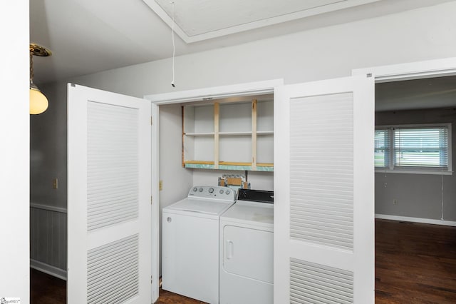 106 Thackston St, Fountain Inn, SC 29644 - laundry room with attic access, independent washer and dryer, and dark wood finished floors