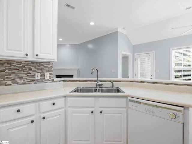 68 Arbours W Ln, Moore, SC 29369 - kitchen featuring dishwasher, white cabinets, tasteful backsplash, and light countertops
