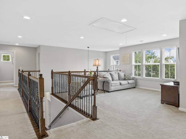 711 Hatwood Ct, Duncan, SC 29334 - corridor with attic access, carpet floors, an upstairs landing, and recessed lighting