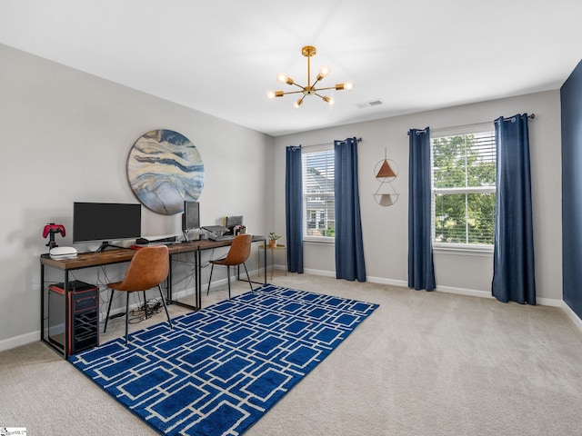 711 Hatwood Ct, Duncan, SC 29334 - home office with a chandelier, plenty of natural light, and carpet flooring
