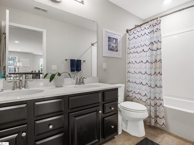 711 Hatwood Ct, Duncan, SC 29334 - bathroom featuring double vanity, shower / bath combo with shower curtain, and recessed lighting