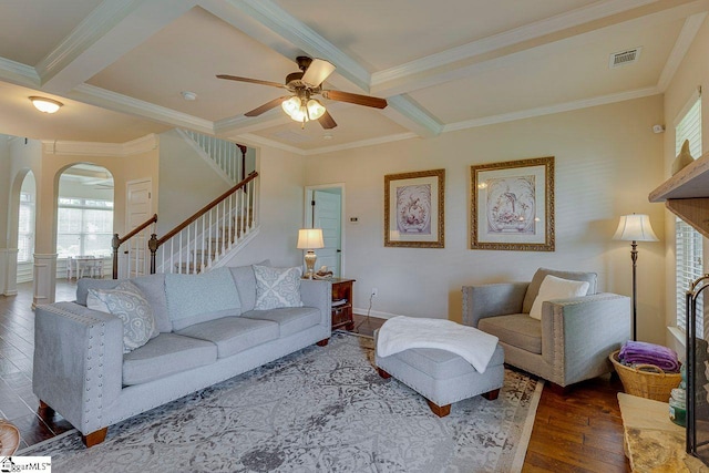 104 Saddlehorn Ln, Easley, SC 29642 - living area with arched walkways, wood-type flooring, ceiling fan, coffered ceiling, and plenty of natural light