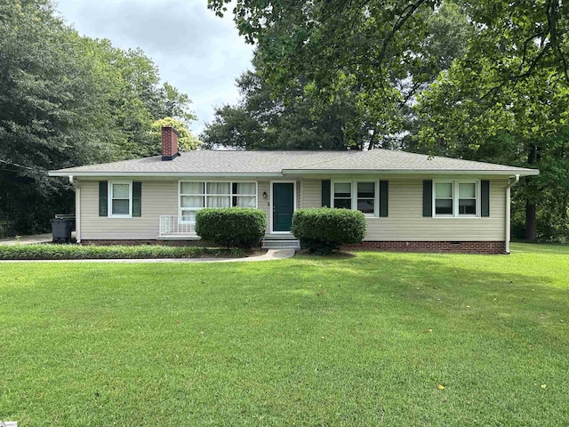 2 Runion Dr, Taylors, SC 29687 - ranch-style house featuring a chimney, a front yard, crawl space, and a shingled roof
