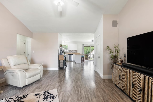 640 Slippery Moss Dr, Spartanburg, SC 29303 - living room with lofted ceiling, wood finished floors, and a ceiling fan