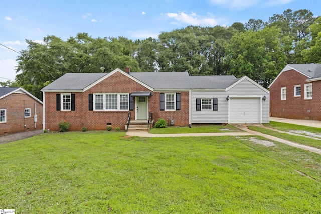 2608 Lane Ave, Anderson, SC 29621 - view of front of home with an attached garage, driveway, a front yard, brick siding, and a chimney