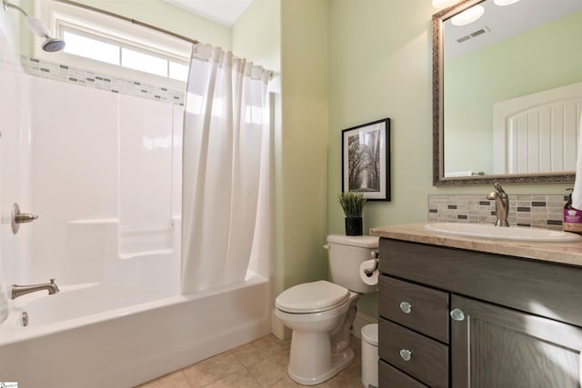 19 Merritt View Ter, Greenville, SC 29609 - full bathroom featuring vanity, shower / tub combo, tile patterned floors, and decorative backsplash
