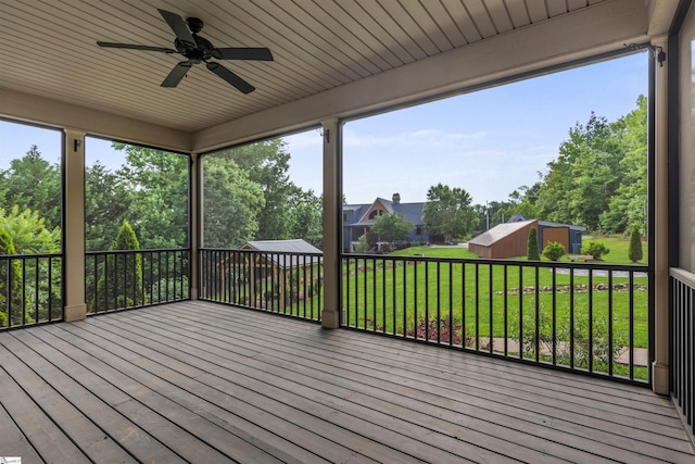 19 Merritt View Ter, Greenville, SC 29609 - wooden terrace with ceiling fan, an outbuilding, and a yard