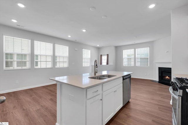 14 Gaskins Trl, Travelers Rest, SC 29690 - kitchen with stainless steel appliances, open floor plan, a glass covered fireplace, light countertops, and white cabinets