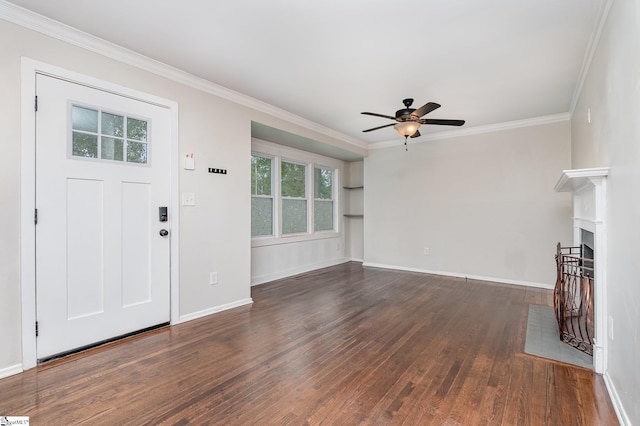 509 Montague St, Anderson, SC 29624 - unfurnished living room with wood-type flooring, a ceiling fan, ornamental molding, plenty of natural light, and a fireplace with flush hearth