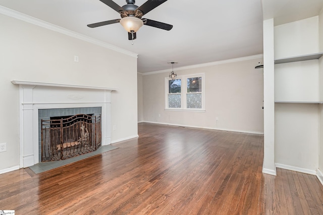 509 Montague St, Anderson, SC 29624 - unfurnished living room with wood finished floors, crown molding, ceiling fan, and a tile fireplace