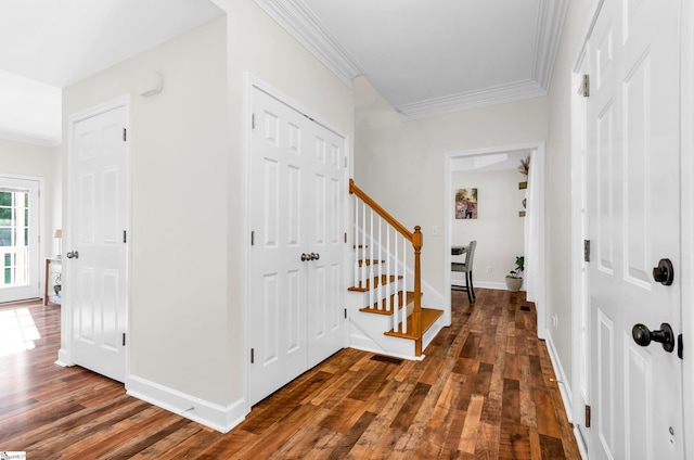 304 Camperdown Ct, Easley, SC 29642 - entrance foyer featuring dark wood-style floors, ornamental molding, and stairs
