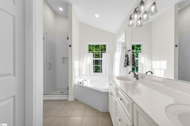 304 Camperdown Ct, Easley, SC 29642 - full bath featuring a bath, a stall shower, lofted ceiling, double vanity, and tile patterned floors