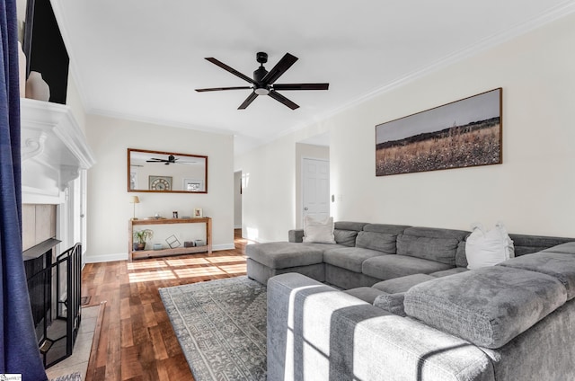 304 Camperdown Ct, Easley, SC 29642 - living area with a ceiling fan, ornamental molding, hardwood / wood-style floors, and a fireplace