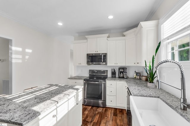 304 Camperdown Ct, Easley, SC 29642 - kitchen with stainless steel appliances, crown molding, white cabinets, light stone countertops, and dark wood-type flooring