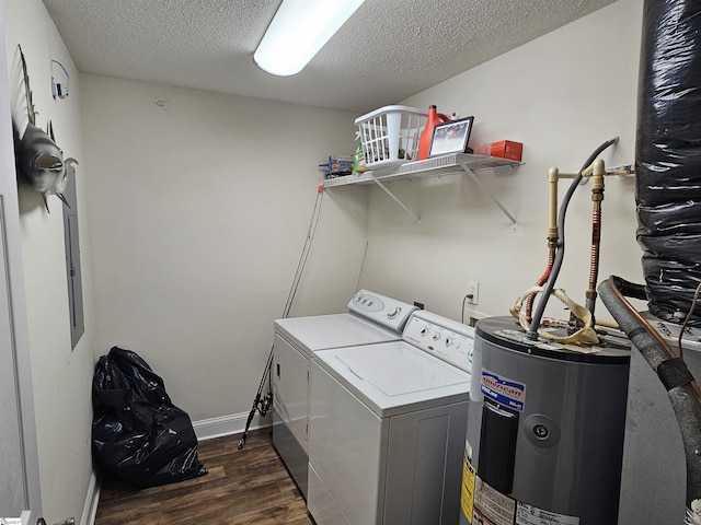 632 Lookover Dr, Anderson, SC 29621 - laundry area featuring electric water heater, washing machine and dryer, dark wood-style flooring, and a textured ceiling
