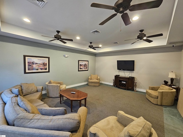 632 Lookover Dr, Anderson, SC 29621 - carpeted living room featuring a raised ceiling, recessed lighting, and a ceiling fan