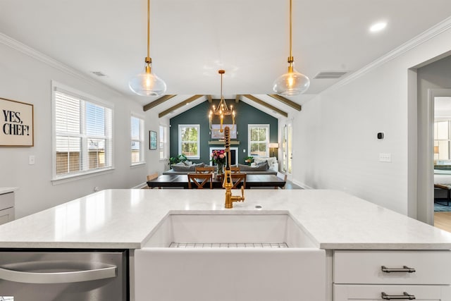 349 Encampment Blvd, Simpsonville, SC 29681 - kitchen with stainless steel dishwasher, open floor plan, light countertops, a chandelier, and plenty of natural light