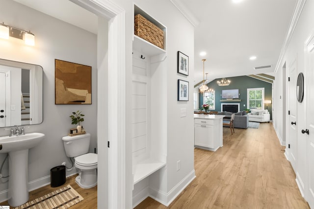 349 Encampment Blvd, Simpsonville, SC 29681 - bathroom featuring wood finished floors, crown molding, recessed lighting, and a fireplace