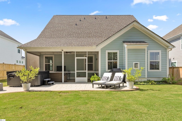 349 Encampment Blvd, Simpsonville, SC 29681 - rear view of property featuring a sunroom, roof with shingles, a patio area, a hot tub, and ceiling fan