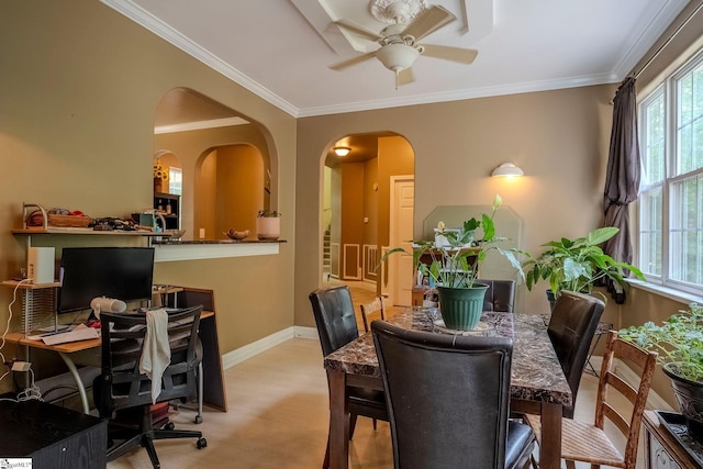 126 Midland Dr, Easley, SC 29640 - dining room with ornamental molding, a ceiling fan, arched walkways, and an office area