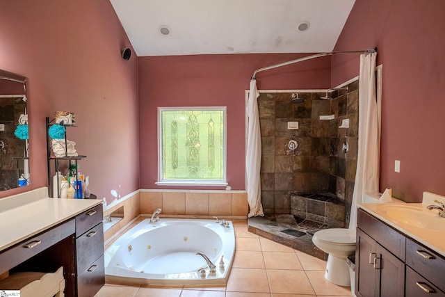 126 Midland Dr, Easley, SC 29640 - bathroom featuring vanity, a jetted tub, a shower stall, and tile patterned flooring
