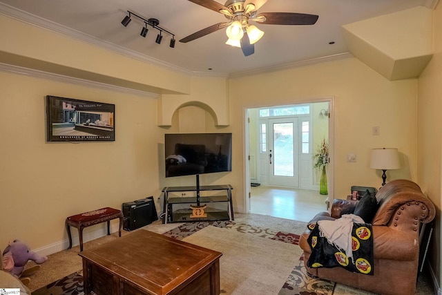 126 Midland Dr, Easley, SC 29640 - living area featuring ornamental molding, ceiling fan, and track lighting