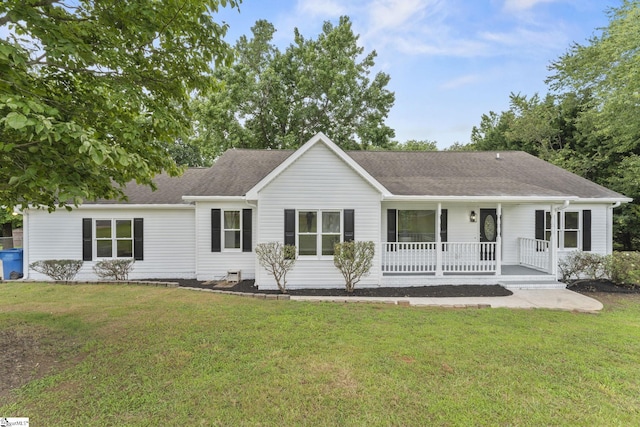 2005 Gap Creek Rd, Greer, SC 29651 - ranch-style house featuring a porch, a front lawn, and a shingled roof