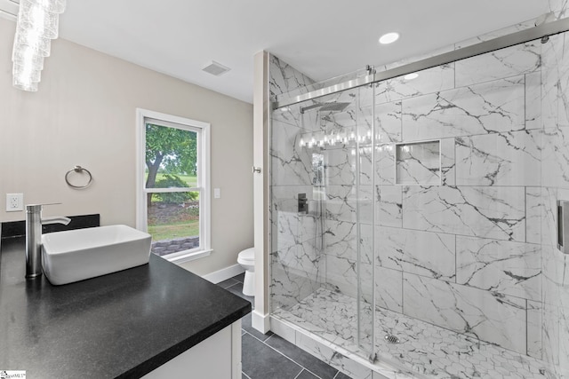 2005 Gap Creek Rd, Greer, SC 29651 - bathroom featuring vanity, a marble finish shower, recessed lighting, and tile patterned flooring