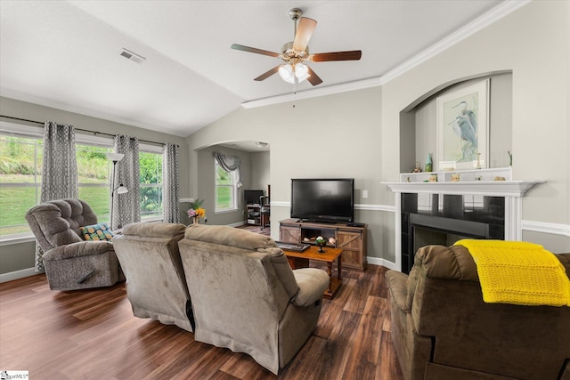 906 John Thomas Way, Greer, SC 29651 - living room featuring ceiling fan, wood finished floors, lofted ceiling, crown molding, and arched walkways