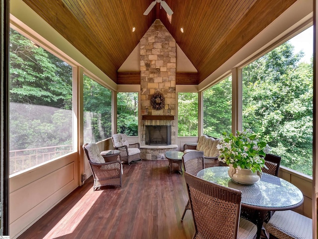 24 Lake Hills Ln, Travelers Rest, SC 29690 - sunroom / solarium featuring a fireplace and lofted ceiling