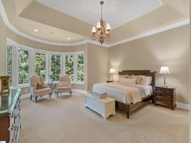 24 Lake Hills Ln, Travelers Rest, SC 29690 - bedroom with a raised ceiling, light carpet, crown molding, a chandelier, and recessed lighting