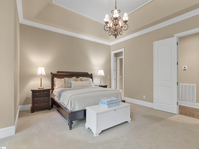24 Lake Hills Ln, Travelers Rest, SC 29690 - bedroom with a chandelier, a tray ceiling, light carpet, and crown molding