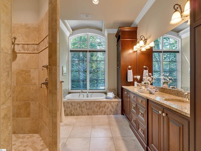 24 Lake Hills Ln, Travelers Rest, SC 29690 - full bathroom featuring crown molding, double vanity, a bath, tile patterned floors, and a tile shower