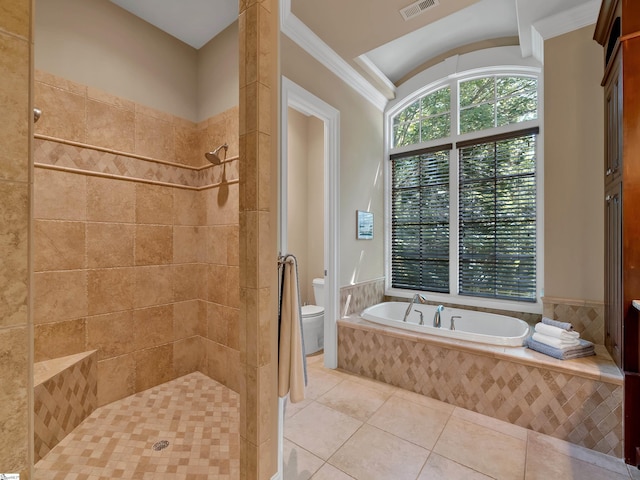 24 Lake Hills Ln, Travelers Rest, SC 29690 - bathroom with a garden tub, tile patterned floors, a tile shower, and crown molding