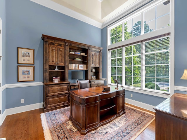 24 Lake Hills Ln, Travelers Rest, SC 29690 - office area featuring plenty of natural light, dark wood-style flooring, crown molding, and a high ceiling