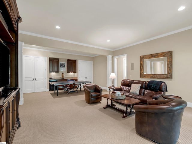 24 Lake Hills Ln, Travelers Rest, SC 29690 - living area with light carpet, crown molding, and recessed lighting