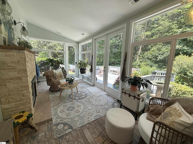 9 Kenton Finch Ct, Simpsonville, SC 29681 - sunroom / solarium featuring french doors, brick flooring, and lofted ceiling