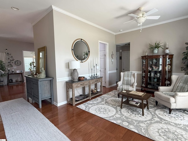 9 Kenton Finch Ct, Simpsonville, SC 29681 - living room with a ceiling fan, crown molding, and dark wood-style floors