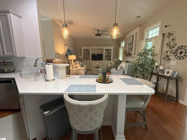 9 Kenton Finch Ct, Simpsonville, SC 29681 - kitchen featuring dishwasher, ceiling fan, wood finished floors, and pendant lighting