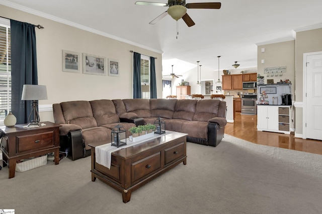 112 Friesian Ct, Pelzer, SC 29669 - living area featuring a ceiling fan, ornamental molding, and light colored carpet