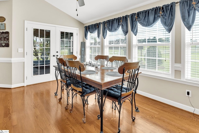 112 Friesian Ct, Pelzer, SC 29669 - dining room featuring a ceiling fan, vaulted ceiling, wood finished floors, and french doors