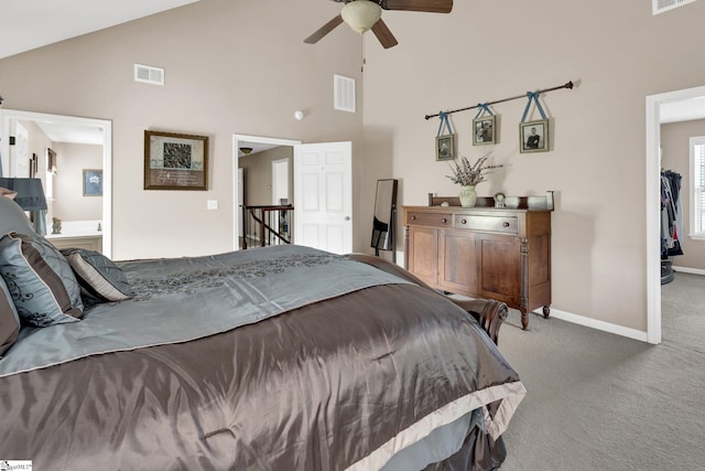 112 Friesian Ct, Pelzer, SC 29669 - bedroom with carpet, high vaulted ceiling, ensuite bath, and ceiling fan